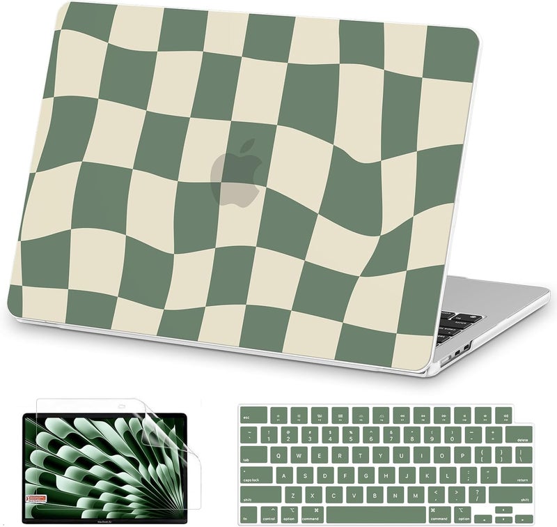 AKIT Compatible with MacBook Air 13 inch Case 2026 2025 2024-2022 M4 M3 M2 A3240 A3113 A2681, Pattern Hard Shell Laptop Case+Screen Protector+Keyboard Cover for Mac Air 13.6 inch, Green Checkboard - Image 1